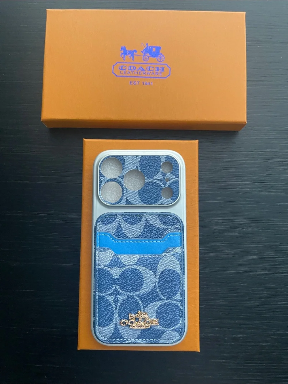 iPhone 17 pro Coach Blue Signature Canvas Phone Case with Bright Blue Card Slot